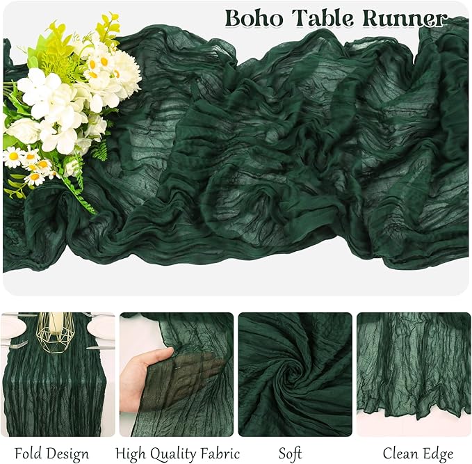 10 Pack Dark Green Cheesecloth Table Runner 10FT Boho Gauze Fabric Table Runner Vintage Rustic Sheer Runners for Wedding Party Bridal Baby Shower Long Table Decorations