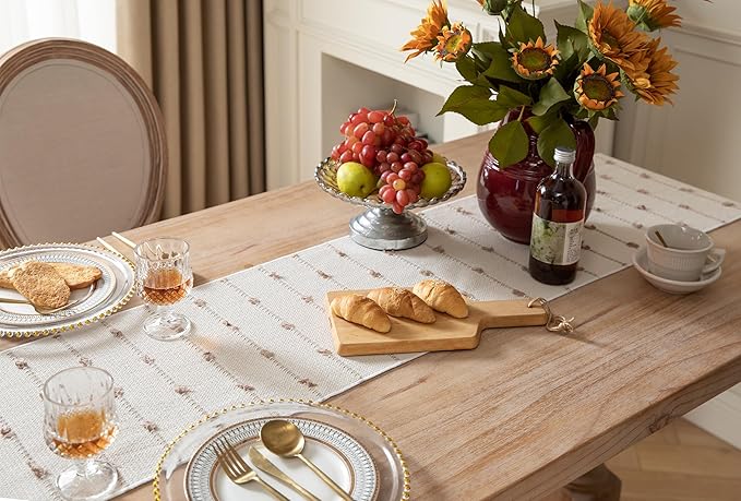 Caflife Boho Table Runner 90 Inchs Long for Modern Farmhouse Room Home Decor, Taupe and Beige Coffee Table Runner, Natural Cotton Woven with Tassels Neutral, for Kitchen Dining Table Decor