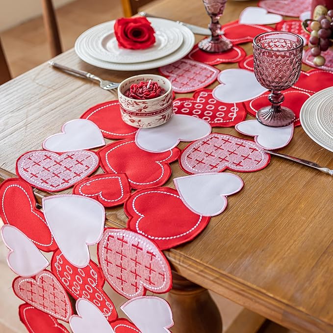 Joyfol Day Valentine’s Day Table Runner 14x86 Inch, Cutwork Embroidered Red Heart Decoration for Wedding Anniversaries, Proposals & Romantic Parties