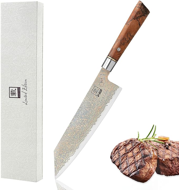 zayiko Limited Edition Copper Damascus Chef’s Knife – 8.3" Kiritsuke Blade | Damascus Steel with VG10 Core & Copper Texture | Maple Wood Handle | Professional Kitchen Knife in Gift Box