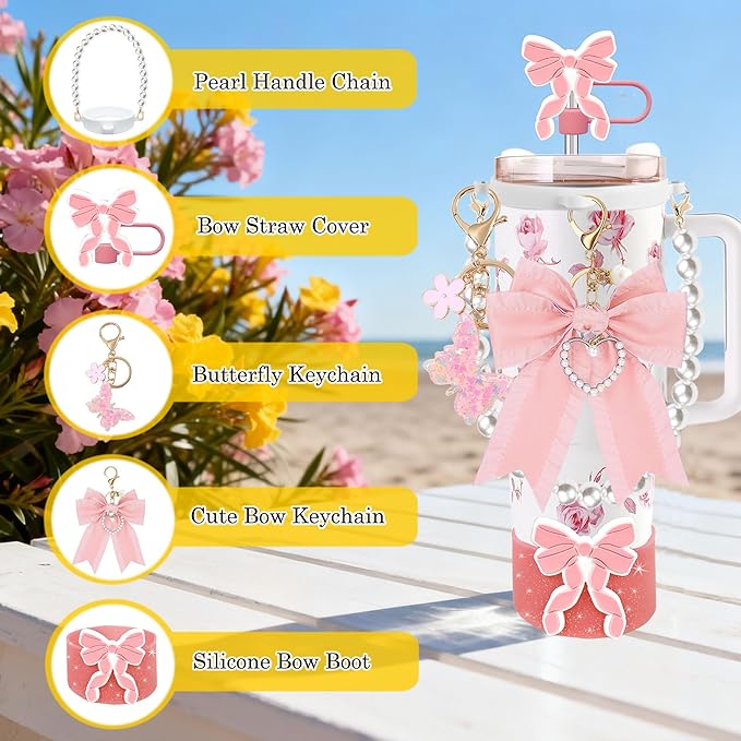 Accessories for Stanley Cup 30oz 40oz Tumbler, Cute Bow Straw Cover, Silicone Boot