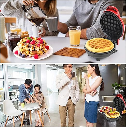 Holstein Housewares Personal/Mini Waffle Maker, Non-Stick Coating, Red- 4-inch Waffles in Minutes, Ideal for Breakfast, Brunch, Lunch or Snacks