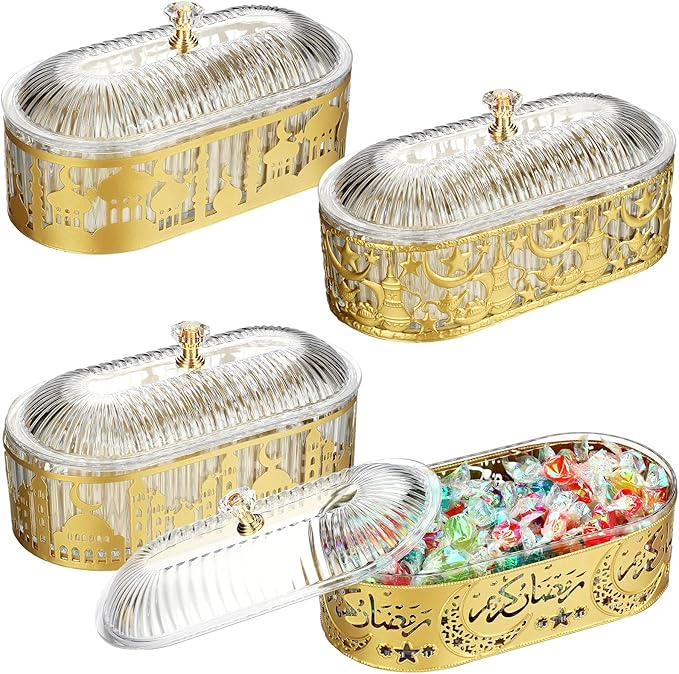 4 Pcs Ramadan Trays with Lid Eid Mubarak Gold Plates Dishes Table Decoration Muslim Islamic Serving Trays Metal Dessert Storage Container for Celebration (Ramadan Moon Star)