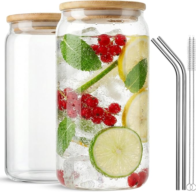 2 Pcs Glass Cups With Bamboo Lids and Straws,16Oz Ice Coffee Cup,Drinking Glasses Cups Set,Water Bottles Glasses for Juicing,Beer,Coffee,Soda,Tea-Glass Tumbler Reusable for Gifts