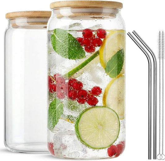 2 Pcs Glass Cups With Bamboo Lids and Straws,16Oz Ice Coffee Cup,Drinking Glasses Cups Set,Water Bottles Glasses for Juicing,Beer,Coffee,Soda,Tea-Glass Tumbler Reusable for Gifts