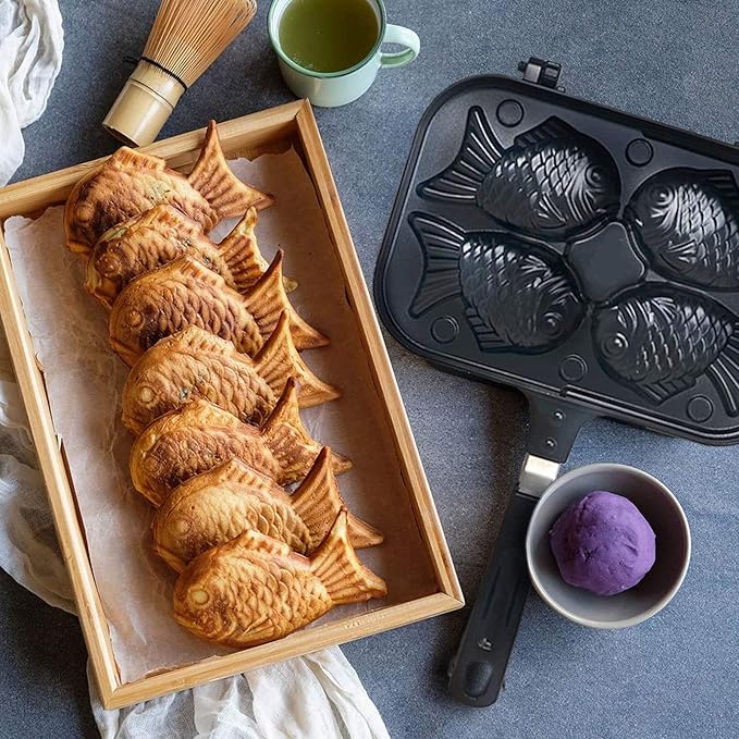 Taiyaki Fish Shape Cake Pan, Non Stick Waffle Cake Maker Pan with Long Handle Pancake Baking Double Pan Mold for Gas Stove Waffle Baking Mold for Home DIY Cooking Party