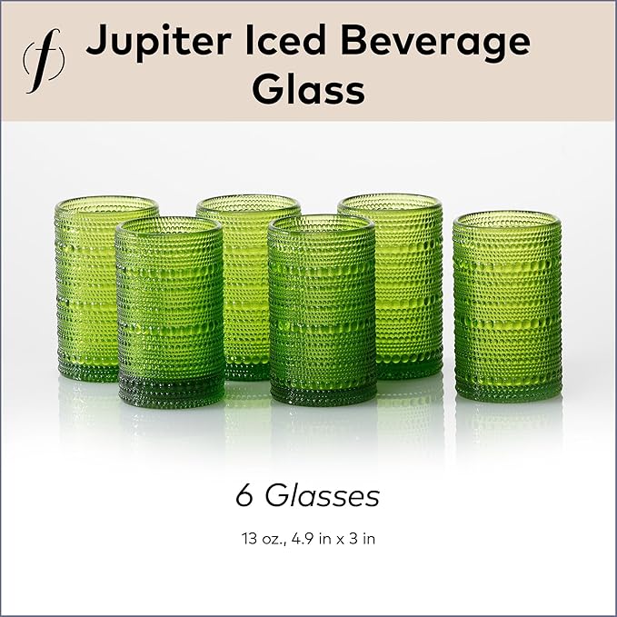 Fortessa Jupiter Beaded Hobnail Glass, 13 Ounce Iced Beverage (Set of 6), Fern Green