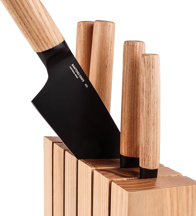 BergHOFF RON 5Pc Non-stick Knife Set With Wood Block Titanium PVD Coating Sharp & Well Balanced Seamless Transition Ash Wood Handle Anti-skid Base