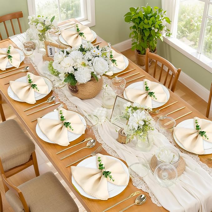 APTWOW Spring Napkin Rings Set of 12, Boho Eucalyptus Leaf Napkins Rings, Wood Bead Farmhouse Easter Napkin Holder for Weddings Christmas Party Table Decor