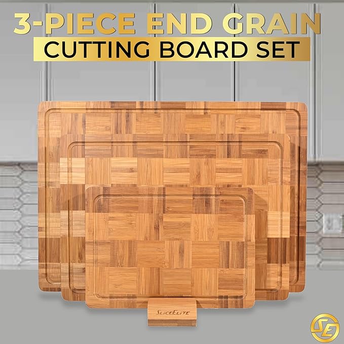 SliceElite Extra Large Bamboo Cutting Board Set 3 Piece End Grain Wooden Chopping Boards with Holder Non Slip Feet Juice Groove XL Butcher Block Style Boards for Kitchen Carving and Serving