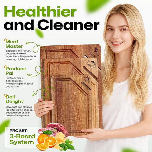 AIUHI Premium Wooden Cutting Boards for Kitchen, 3-Piece Acacia Wooden Chopping Board with Juice Groove, Organic Wood Cutting Board Set for Ideal Charcuterie, Meat & Vegetables