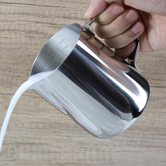 EIKS Stainless Steel Measuring Cup Steaming Pitcher Milk Frothing Jug with Handle, Pour Spout and ML/Ounce Scale (600ml)