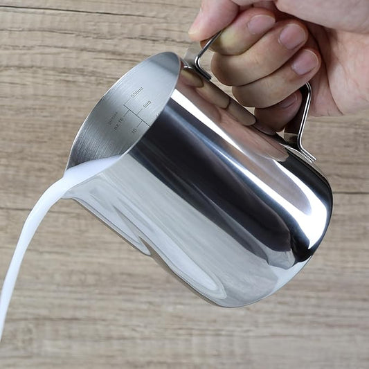 EIKS Stainless Steel Measuring Cup Steaming Pitcher Milk Frothing Jug with Handle, Pour Spout and ML/Ounce Scale (600ml)