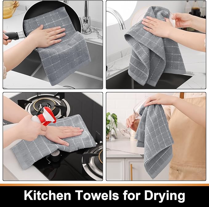 Mordimy 100% Cotton Terry Cloth Kitchen Towels, Super Soft and Absorbent Dish Towels for Drying, Checkered Designed Hand Towels for Kitchen, 16 x 26 Inches, 4 Pack, Light Grey