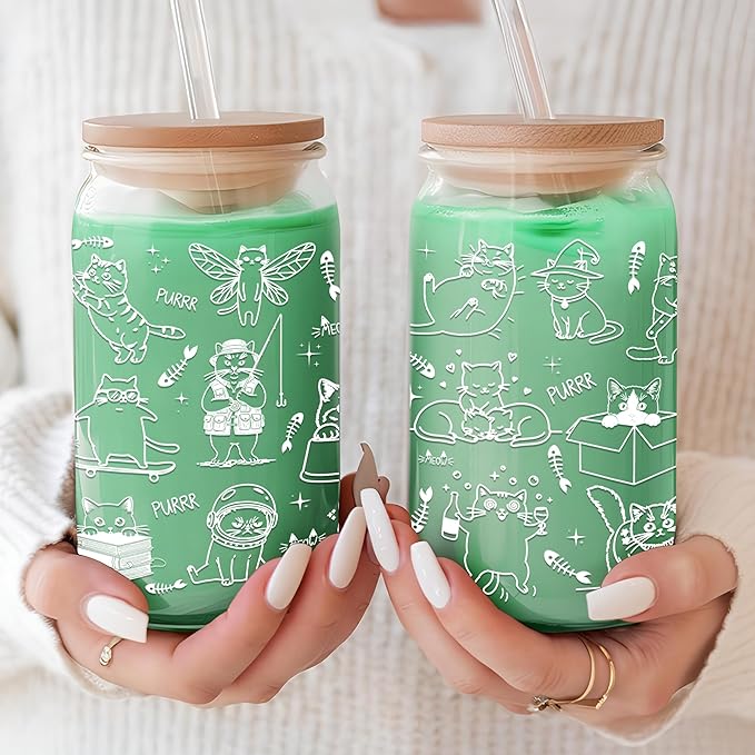 Funny Cat Glass Cups with Lids and Straws for Cat Lover Women Girl Cool Cats Lovers Iced Coffee Cup Cute Decor Stuff Accessories Christmas Birthday Valentine Gift for Mom Daughter Bestie 16 Oz