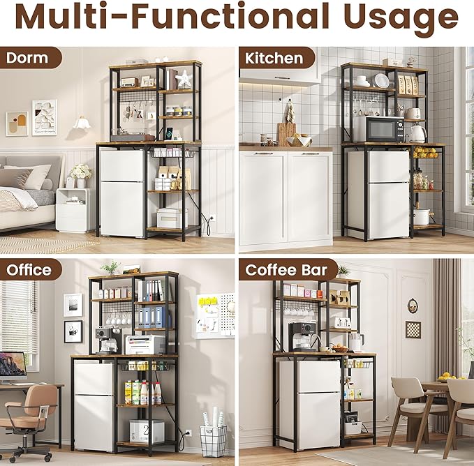 7-Tier Mini Fridge Stand with Storage, Microwave Storage Shelf with Power Outlet, Bakers Rack Stand, All in one Shelf for Dorm Kitchen Coffee Bar, Vintage Brown
