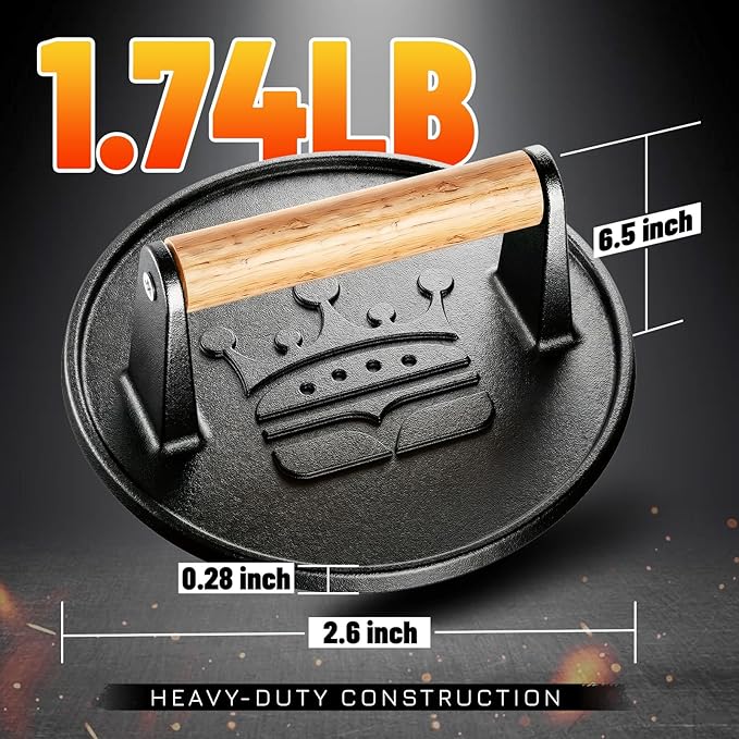 Smash Burger Press 6.5”, Flat Round Edge Cast Iron Grill/Bacon/Meat/Hamburger/Chef Press with Wood Handle, 1.74lb Burger Press Patty Maker for Griddles & Pans, Nonstick Hamburger Smasher Tool for BBQ