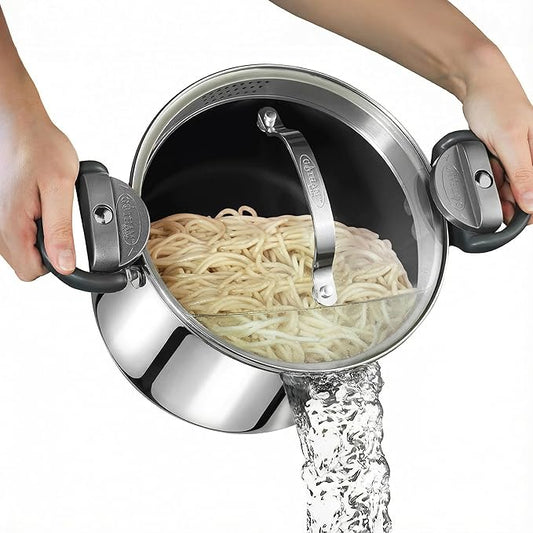 GOTHAM STEEL 8 Qt Stainless Steel Stock Pot Multipurpose Pasta Pot with Strainer Lid & Twist and Lock Handles, for Soup, Spaghetti, Rice, Induction Ready, Dishwasher Safe