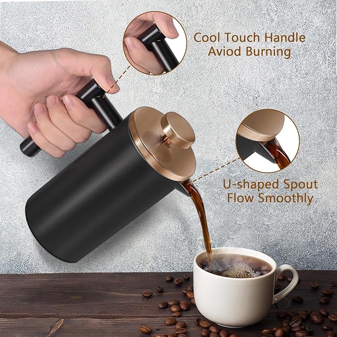 WORBIC Black Mini French Press Coffee Maker 12oz, Single Cup French Press with Rose Gold Lid, 3 Extra Filters & 1 Gold Spoon(350ml Compact Travel Size) Dishwasher Safe