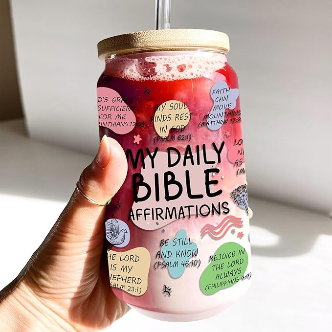 16 Oz Bible Verse Coffee Mug for Women Daily Bible Affirmations Glass Cup with Lid & Straw Women of the Bible Drink Cup Inspirational Mother’s Day Religious Christian Gifts for Mom Aunt Nana
