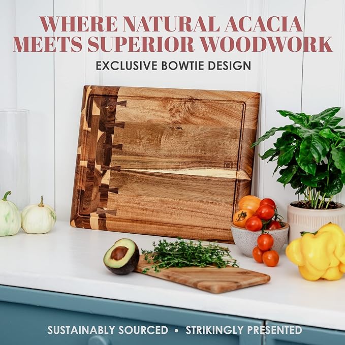 Acacia Wood Cutting Board for Kitchen and Home - Beautiful Large Butcher Block Chopping Board, Sustainable Wood, Juice Groove - Doubles as 3 Compartment Serving Board - 17 x 13 x 1.5"