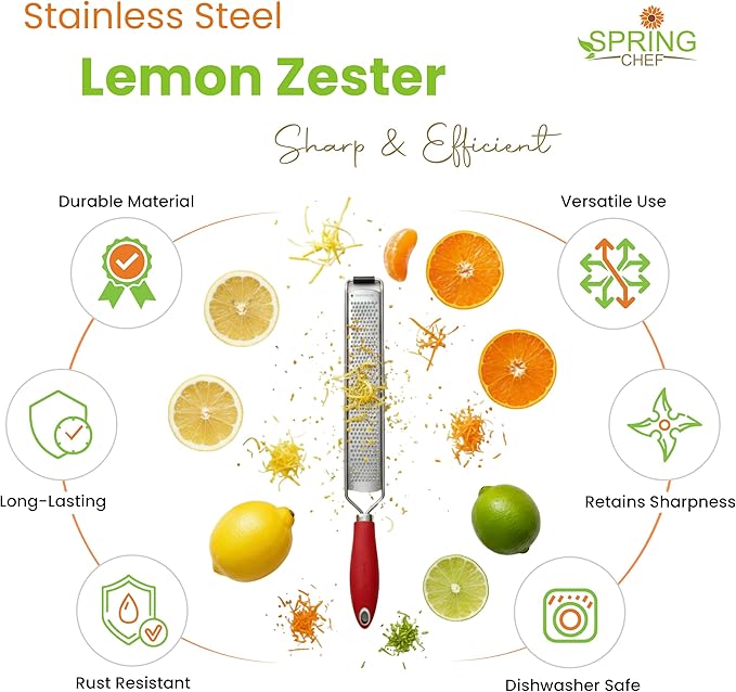 Spring Chef Stainless Steel Lemon Zester Grater with Handle - Garlic, Cheese, Parmesan, Nutmeg, Lime, Ginger Grater - Heavy Duty Kitchen Tool - Citrus Zester with Blade Cover - Fine Shred - Red