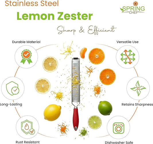 Spring Chef Stainless Steel Lemon Zester Grater with Handle - Garlic, Cheese, Parmesan, Nutmeg, Lime, Ginger Grater - Heavy Duty Kitchen Tool - Citrus Zester with Blade Cover - Fine Shred - Red