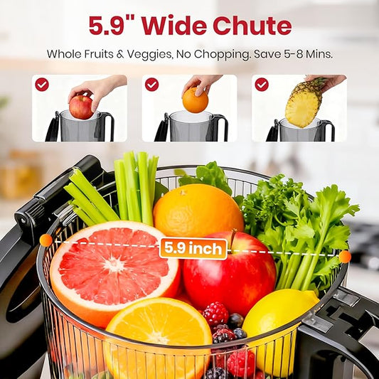 LAUDLIFE Cold Press Juicer Machine, 5.9" Wide Feed Chute Juice Extractor, 80 oz Large Hopper, Easy to Clean & High Juice Yield, BPA Free, Slow Masticating Juicer for Whole Fruits & Vegetables