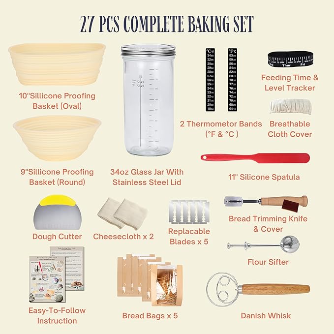 JoeCo Sourdough Starter Kit, Complete Starter-To-Loaf Set with Instructions, Sourdough Starter Jar, Silicone Proofing Baskets, Danish Dough Whisk, Dough Scraper, Bread Lame & Sourdough Baking Supplies