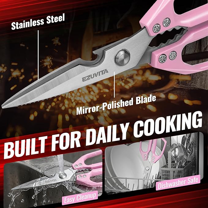 5-in-1 Multifunctional Heavy-Duty Kitchen Scissors with Tweezer, Pink All Purpose Kitchen Shears with Stainless Steel Blades, Dishwasher Safe Poultry Shears for Meat, Turkey, Vegetables