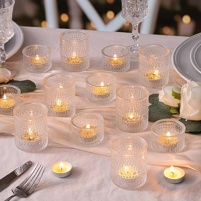 Glass Votive Candle Holders Set of 24, Assorted Heights Polka Dot Tea Light Holders for Wedding Centerpieces, Table Decor, Party & Home Decoration, Fits Standard Votives & Tea Lights