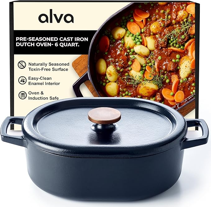 Alva Nori 6-Qt Enameled Cast Iron Dutch Oven – Made With No PTFE/PFOA/PFAS, Oven & Induction Safe – 3-Layer Enamel, No Seasoning Needed – Durable, Easy-Clean Cookware for Healthy Cooking, Black