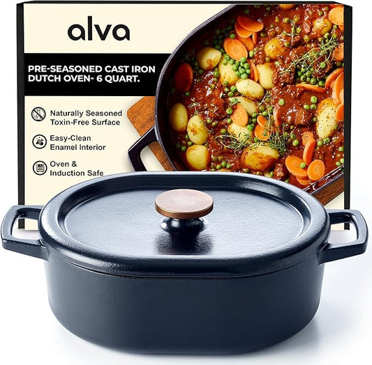 Alva Nori 6-Qt Enameled Cast Iron Dutch Oven – Made With No PTFE/PFOA/PFAS, Oven & Induction Safe – 3-Layer Enamel, No Seasoning Needed – Durable, Easy-Clean Cookware for Healthy Cooking, Black