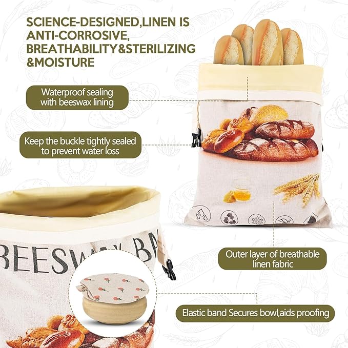 2-Pack Reusable Beeswax Bread Bags for Homemade Bread Sourdough, 2 Natural XL Beeswax 100% Linen Moisture-proof Lined Storage Bags with Buckle& 1 Bowl Covers –Easy to Clean,Keeps Bakes Fresh Longer