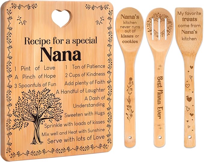 Gifts for Nana - "Recipe for a Special Nana" Nana Birthday Gifts Cutting Board Set, Bamboo-Made Engraved Utensil Set Nana Birthday Gifts, Grammy/Nanny/Granny/Gran Presents