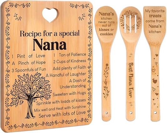 Gifts for Nana - "Recipe for a Special Nana" Nana Birthday Gifts Cutting Board Set, Bamboo-Made Engraved Utensil Set Nana Birthday Gifts, Grammy/Nanny/Granny/Gran Presents