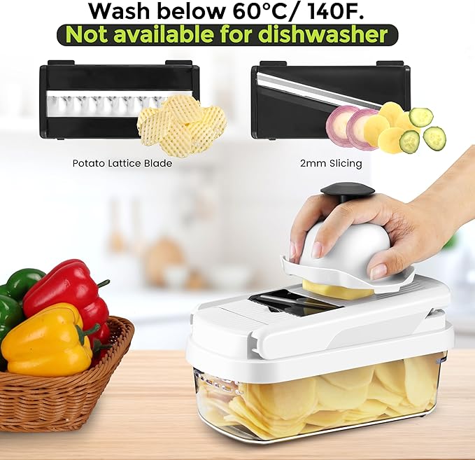 Vegetable Chopper,12-in-1 Multifunctional Food Chopper,Professional Onion Chopper with 7 Blades,Vegetable Cutter with Container for Salad,Potato,Carrot,and Garlic,Essential Kitchen Tool (White)