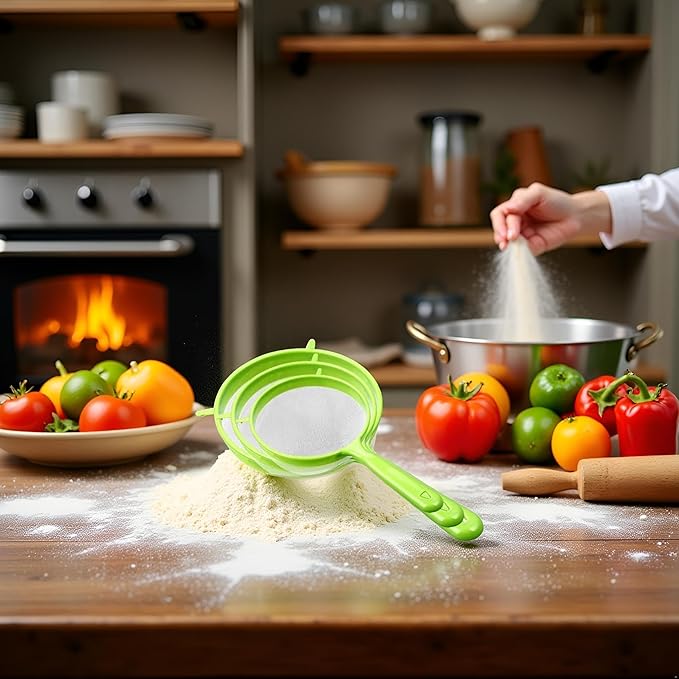 3 PCS/Set Flour Sifter with Long Handle, Plastic Hangable Flour Colander Powder Filter Strainer Fine Mesh Colander Coffee Filter Tea Strainer, Strainers and Colanders and Food Strainers（Green）