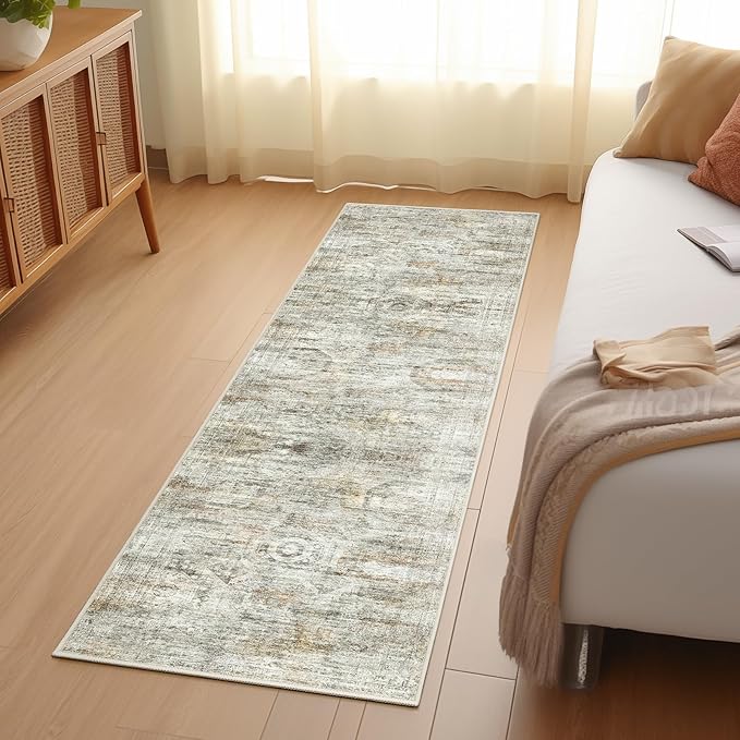 Kitchen Runner Rugs Non Skid Washable - 2.5 x 10 Runner Rug with Anti Slip Backing, Ultra-Thin Soft Rug Runner for Hallway, Bedroom, Living Room (2'x10', Grey/Rust)