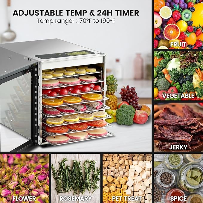 Food-Dehydrator Machine 8 Stainless Steel Trays, 500W Jerky Dehydrator for Meat, 190ºF Mushroom Dryer, 24H Timer Fruits Dryer for Herbs, Veggies, Yogurt & Dog Treats