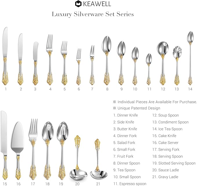 KEAWELL Gorgeous Dinner Knife, Set of 4, 18/10 Stainless Steel, Mirror Polished, Luxury Dinner Knife Set. (Gold Accent)