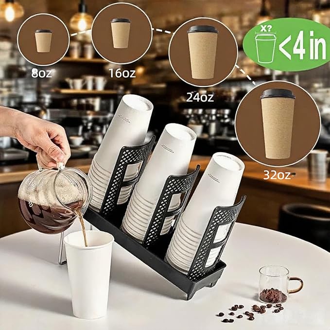 Coffee Cup Holder,Cup Lid Dispenser and Organizer Display Stand,Cup Display Stand on Restaurant,Bathroom,Kitchen,Coffee Shop.Suitable for Cups Ranging from 12 to 32 oz,3Slots