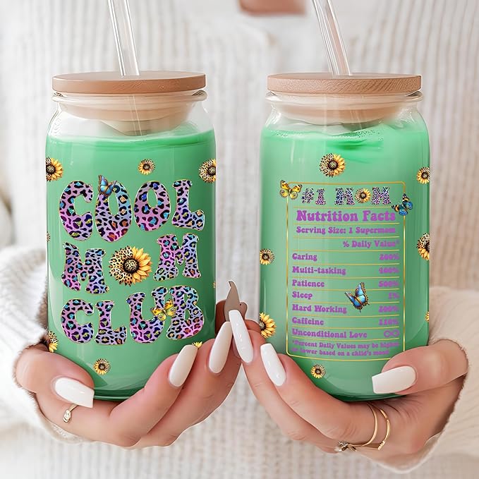 Mothers Day Gifts for Mom 16 Oz Cool Mum Club Glass Coffee Cup with Lid and Straw Funny Mama Drinking Tumbler Unique Birthday Present Ideas for Mother Her Wife from Daughter Son Husband