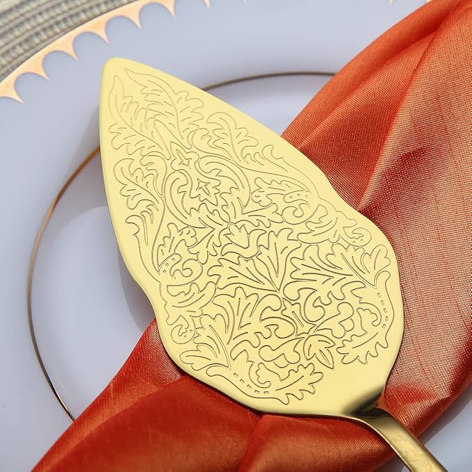 Berglander Gold Wedding Cake Knife and Server Set, Titanium Gold Plating With Unique Pattern Design Cake Cutter Serving Set Perfect For Wedding, Birthday, Parties and Events Dishwasher Safe