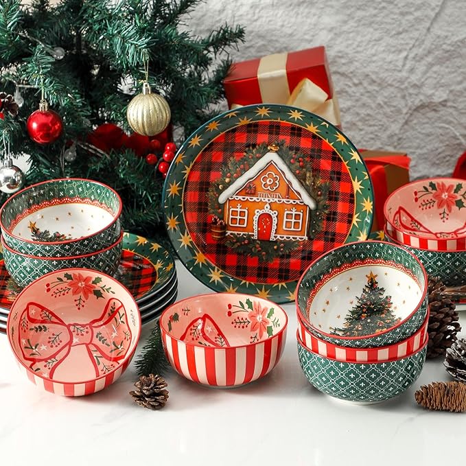 Tikooere Ceramic Soup Bowls Set of 6,30 Ounce Stoneware Cereal Bowl,Porcelain Nesting Bowls for Oatmeal,Popcorn,Soup,Pasta,Fruit,Christmas Gift,Microwave & Dishwasher Safe,Christmas Bow