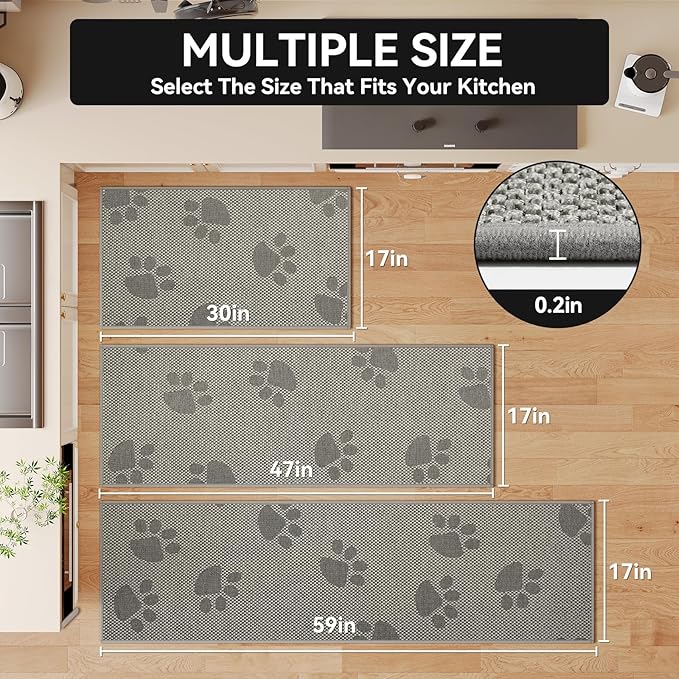 Non-Slip Kitchen Mats for Floor, Soft Woven Linen Embroidery Kitchen Runner Rug - Super Absorbent Washable Kitchen Sink Mat with Rubber Backing for Office & Home Gray 17x59