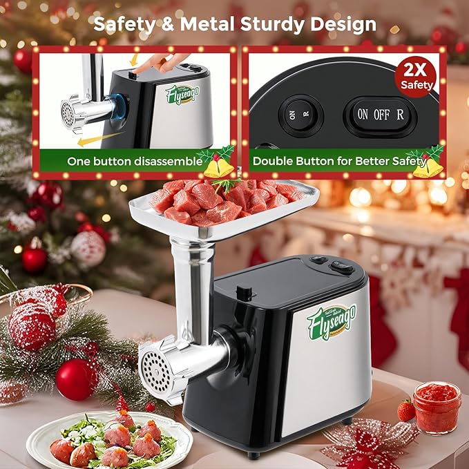Flyseago Electric Meat Grinder, Cheese Grater 3000W Multifunctional Meat Grinder with Juicer, Vegetable Cutter Veggie Slicer, Shredder, Meat Chopper, Sausage Stuffer, Kubbe Kit, Home Use