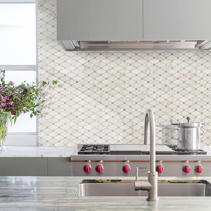 STICKGOO 10 Sheets Peel and Stick Backsplash, Polished Eurasia Biege Marble Look Kitchen Backsplash, Glossy Waterproof Stick on Backsplash for Kitchen Wall, Bathroom