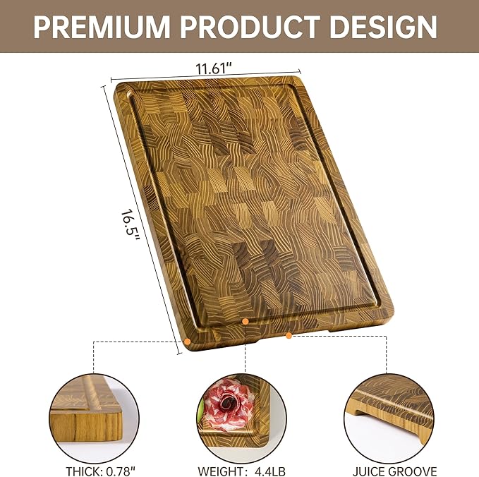 THETCHRY Teak Wood Cutting Boards for Kitchen, End Grain Cutting Board with Juice Groove Handles Non-slip Feet, Reversible Wooden Chopping Board Serving Tray for Cheese and Vegetables, 16.5" x 11.6"