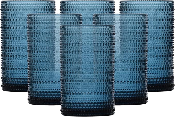 Fortessa Jupiter Beaded Hobnail Glass, 13 Ounce Iced Beverage (Set of 6), Cornflower Blue